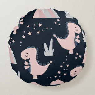Cute seamless pattern with pink dinosaurs on a dar round cushion