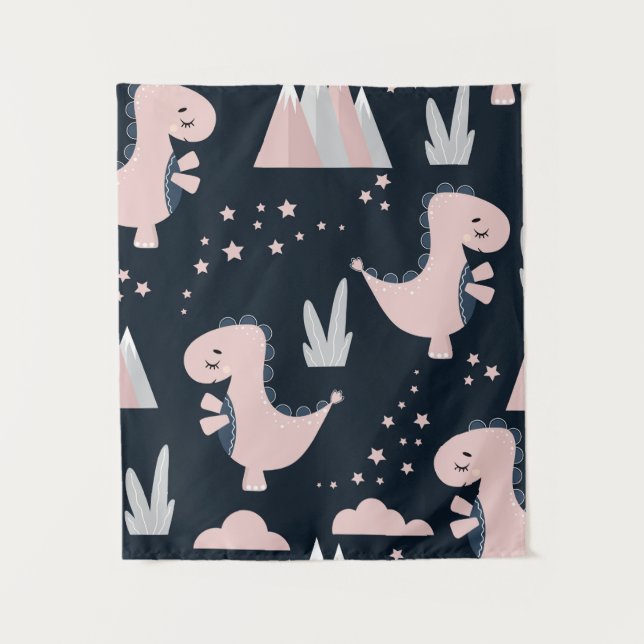 Cute seamless pattern with pink dinosaurs on a dar tapestry (Front)