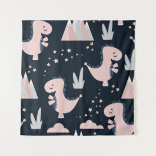 Cute seamless pattern with pink dinosaurs on a dar tapestry