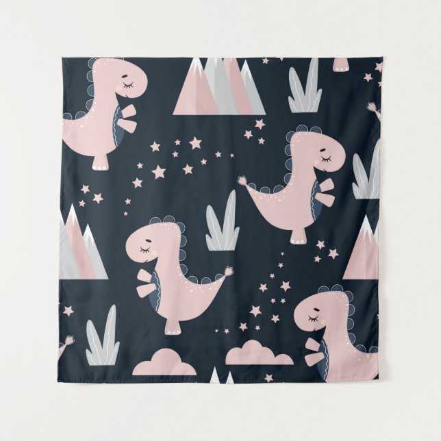 Cute seamless pattern with pink dinosaurs on a dar tapestry (Front)