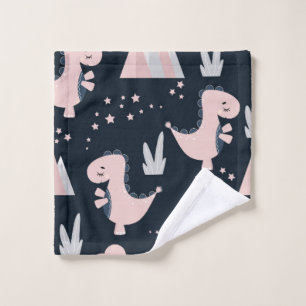 Cute seamless pattern with pink dinosaurs on a dar wash cloth