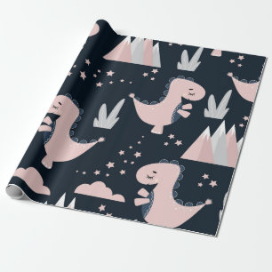 Cute seamless pattern with pink dinosaurs on a dar wrapping paper