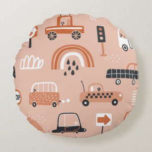 Cute seamless pattern with toy cars. Cartoon cars, Round Cushion