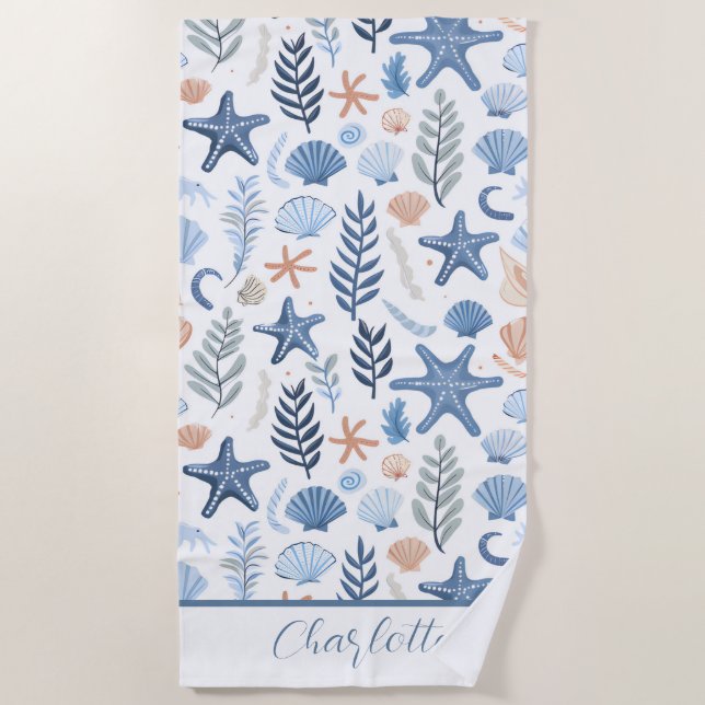Cute Seashell Starfish Personalised Name Beach Towel (Front)