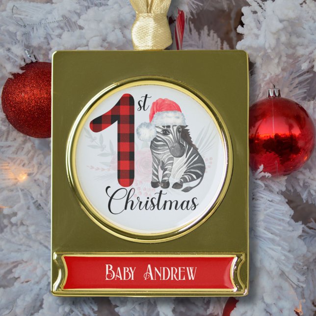 Cute Seasonal 1st Christmas Red Plaid Baby Zebra Gold Plated Banner Ornament (Creator Uploaded)