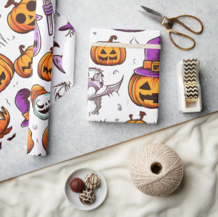 Cute Seasonal Orange Purple Fall Pumpkin Halloween Wrapping Paper