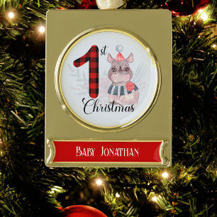 Cute Seasonal Rhino Baby Boy 1st Christmas Plaid Gold Plated Banner Ornament