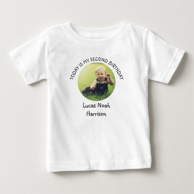 Cute Second Bday Name Round Photo Birthday Party Baby T-Shirt (Front)