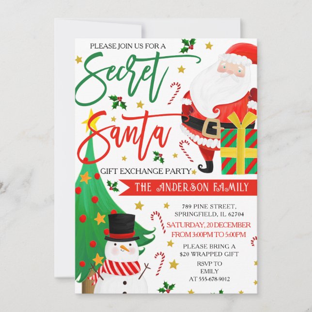 Cute Secret Santa Christmas Invitations Watercolor (Front)