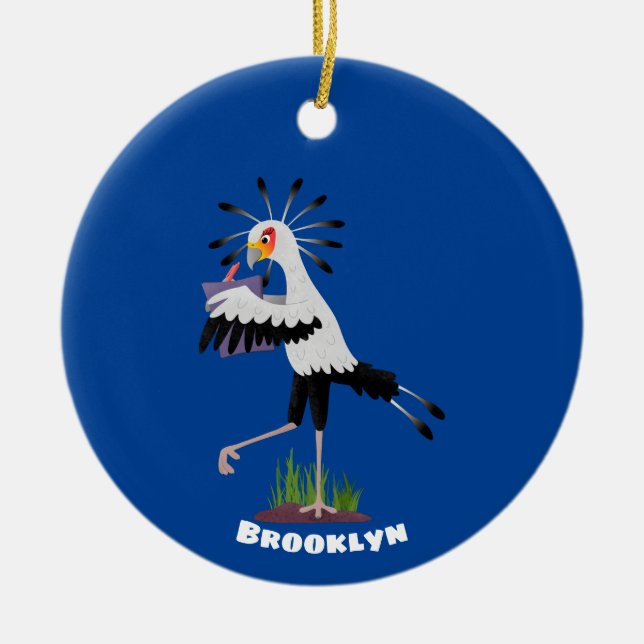 Cute secretary bird writing notes cartoon ceramic tree decoration (Front)