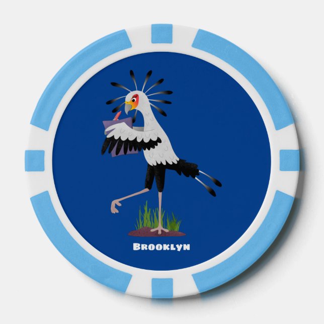 Cute secretary bird writing notes cartoon poker chips (Front)