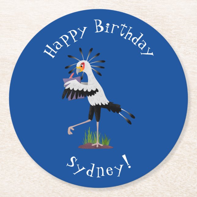 Cute secretary bird writing notes cartoon round paper coaster (Front)