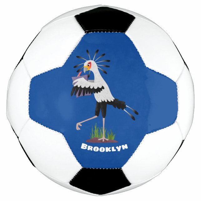 Cute secretary bird writing notes cartoon soccer ball (Front)