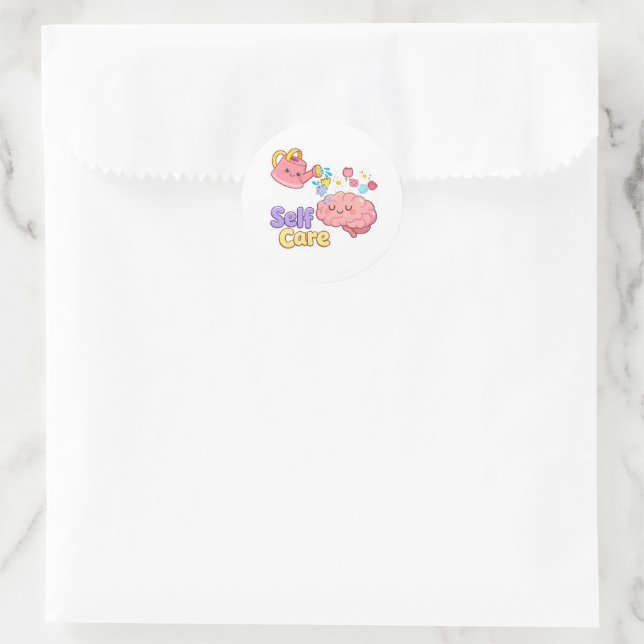 Cute "Self Care" Brain with Flowers Sticker (Bag)