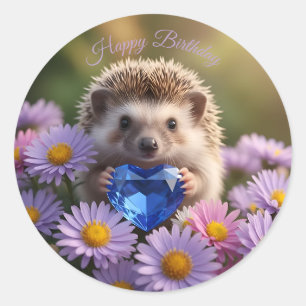 Cute September Hedgehog with Sapphire Heart Classic Round Sticker