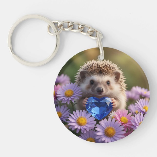 Cute September Hedgehog with Sapphire Heart Key Ring (Front)