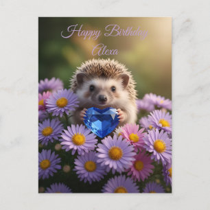 Cute September Hedgehog with Sapphire Heart Postcard