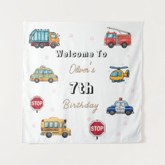 Cute Service Vehicle Birthday bash welcome sign  Tapestry