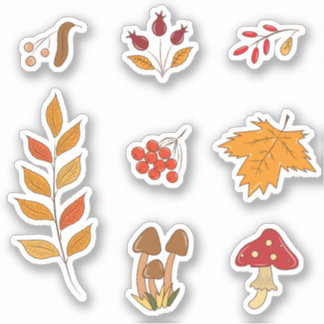 Cute set of autumn plants and leaves stickers