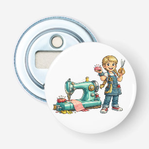 Cute Sewing Girl Cartoon with Vintage Machine Bottle Opener