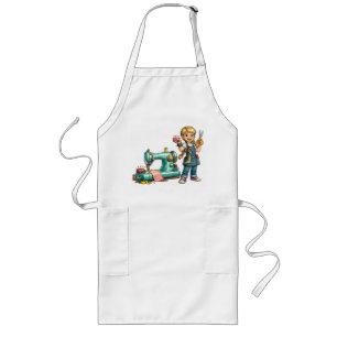 Cute Sewing Girl Cartoon with Vintage Machine Long Apron