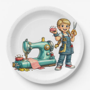 Cute Sewing Girl Cartoon with Vintage Machine Paper Plate