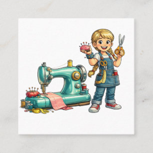 Cute Sewing Girl Cartoon with Vintage Machine Square Business Card