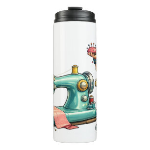 Cute Sewing Girl Cartoon with Vintage Machine Thermal Tumbler