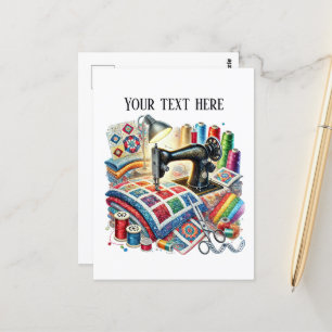 Cute sewing lovers add text  postcard