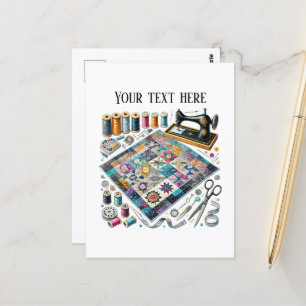 Cute sewing lovers add text postcard