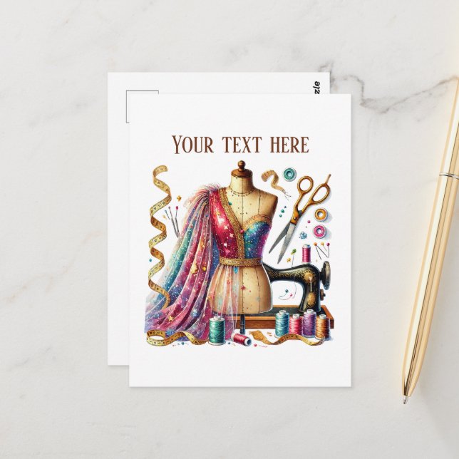 Cute sewing lovers add text  postcard (Front/Back In Situ)