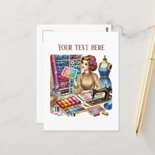 Cute sewing lovers add text postcard