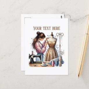 Cute sewing lovers add text postcard
