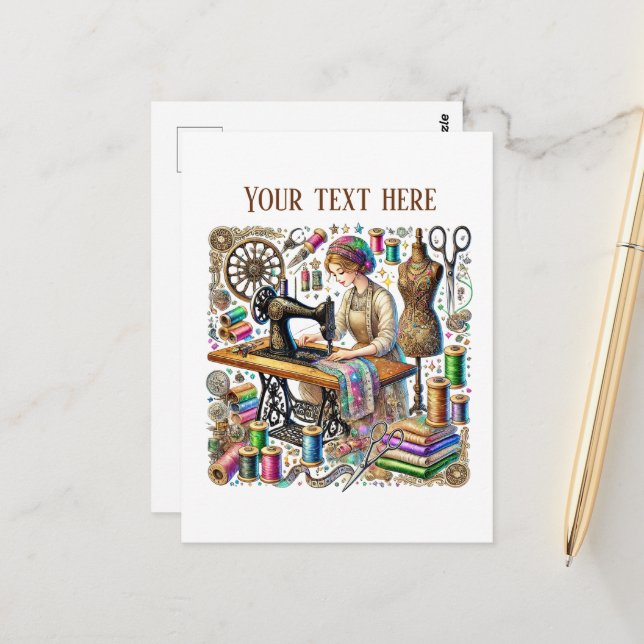 Cute sewing lovers add text  postcard (Front/Back In Situ)