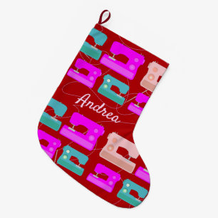 Cute Sewing Machine Pattern Crafting Themed Large Christmas Stocking
