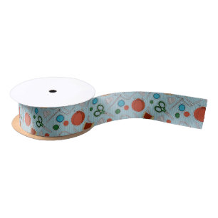 Cute Sewing Themed Pattern Blue Satin Ribbon