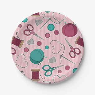 Cute Sewing Themed Pattern Pink Paper Plate
