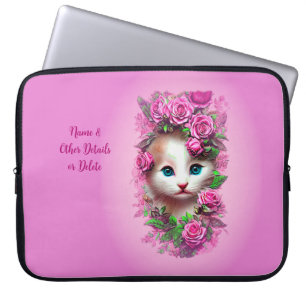 Cute Shabby Chic Kitten, Pink Rose Laptop Sleeve
