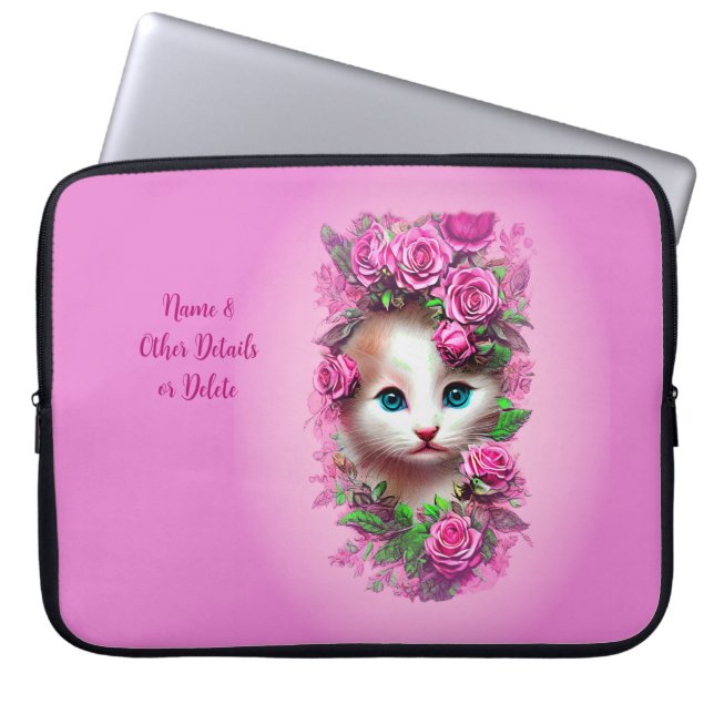 Cute Shabby Chic Kitten, Pink Rose  Laptop Sleeve (Front)