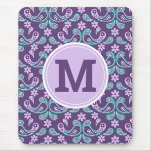Cute Shabby Chic Purple and blue Paisley Monogram Mouse Pad