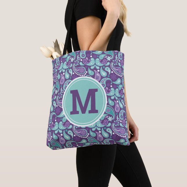 Cute Shabby Chic Purple and blue Paisley Monogram Tote Bag (Close Up)