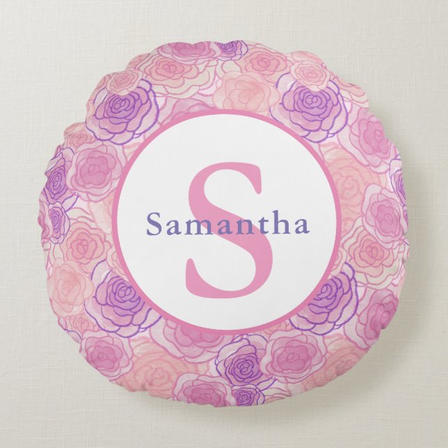 Cute Shabby Pink Roses Personalised Monogram Round Cushion (Front)