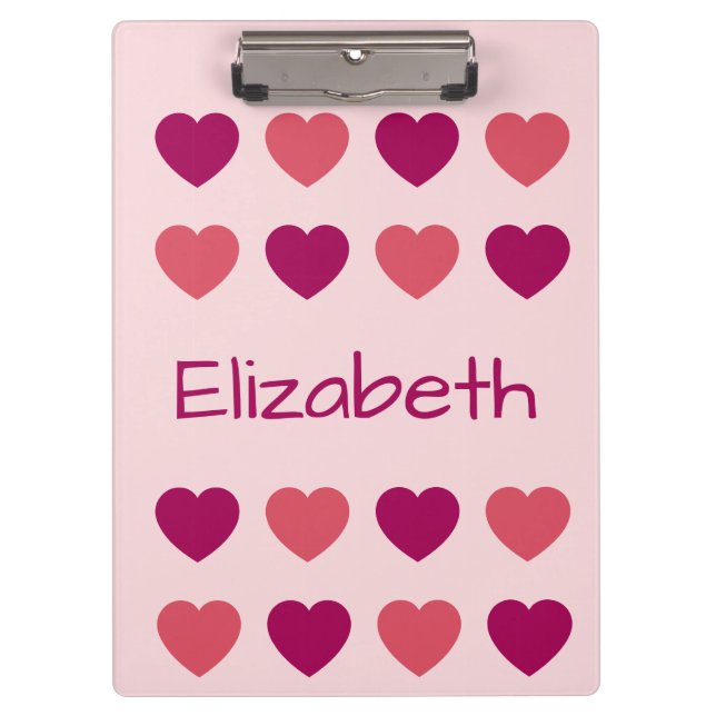 Cute Shades of Pink Hearts Pattern Name Clipboard (Front)
