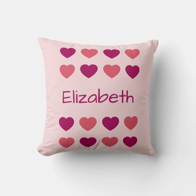 Cute Shades of Pink Hearts Pattern Name Cushion (Front)