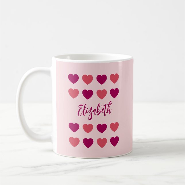 Cute Shades of Pink Hearts Script Cursive Name Coffee Mug (Left)
