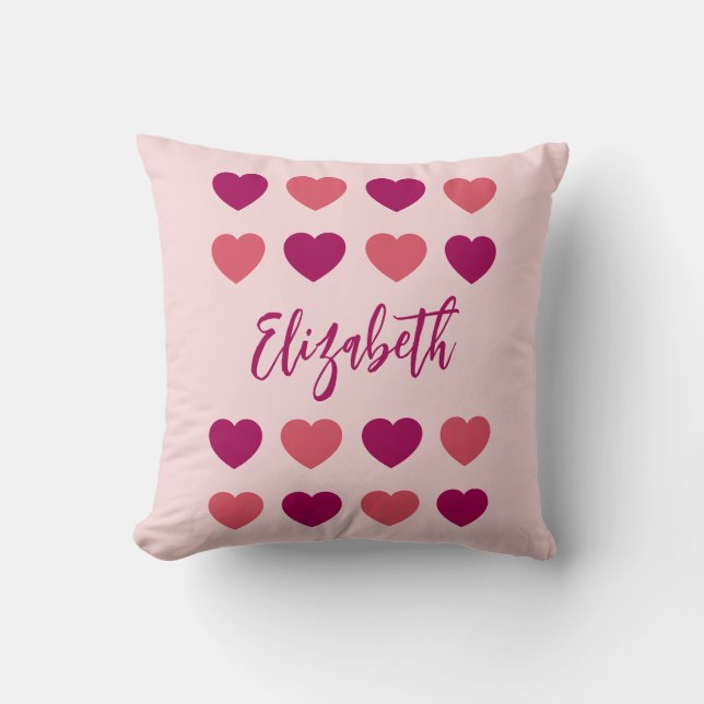 Cute Shades of Pink Hearts Script Cursive Name Cushion (Front)