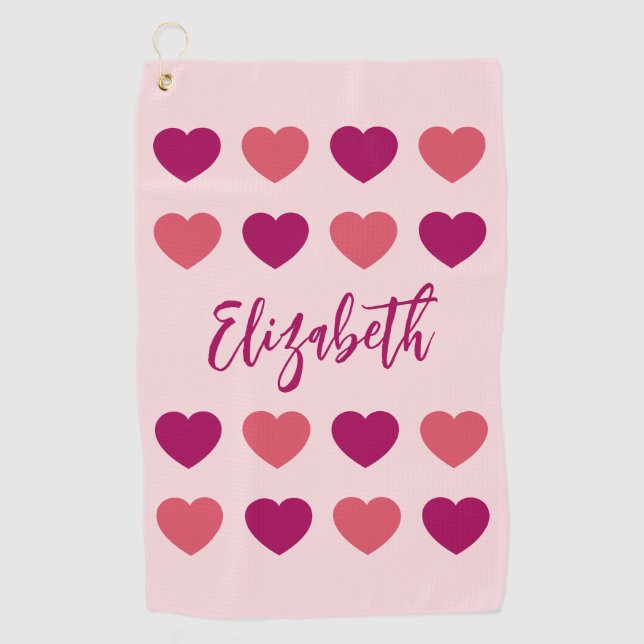 Cute Shades of Pink Hearts Script Cursive Name Golf Towel (Front)