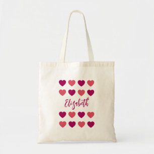 Cute Shades of Pink Hearts Script Cursive Name Tote Bag