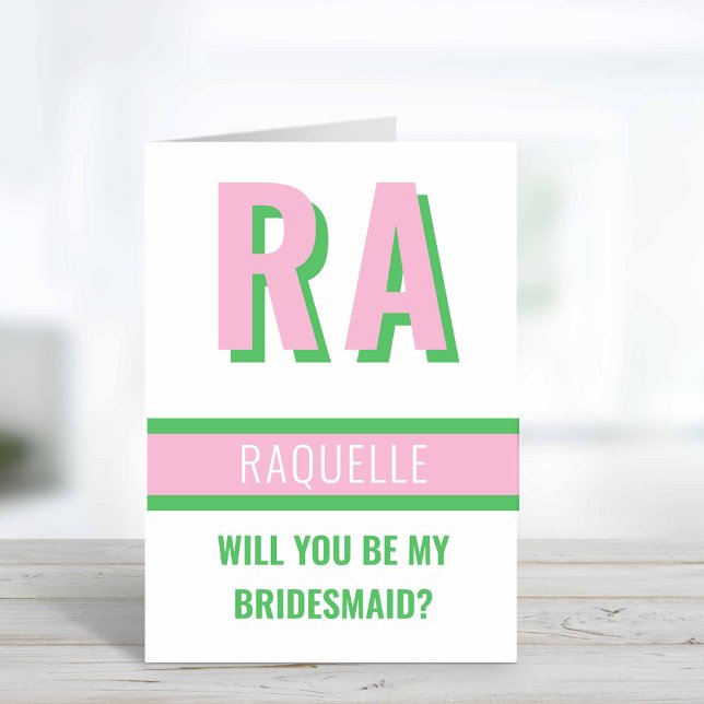 Cute Shadow Monogram Wedding Party Proposal Card (Light Pink + Green Will you be my Bridesmaid Card)