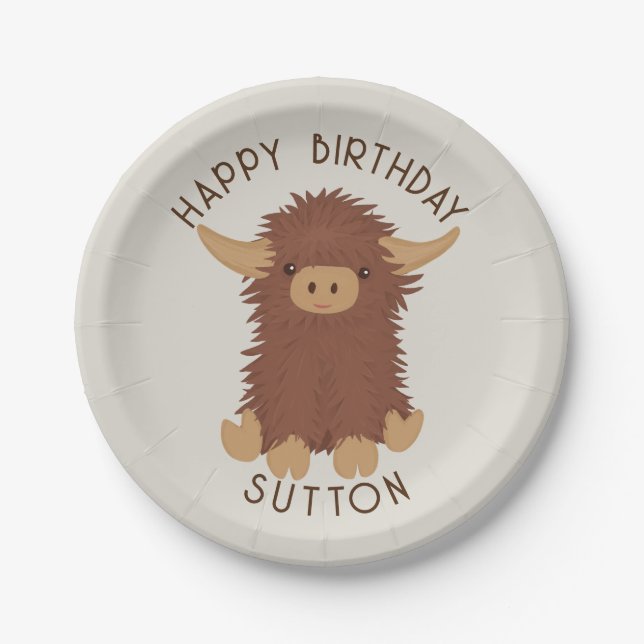 Cute, shaggy Highland cow custom design Paper Plate (Front)
